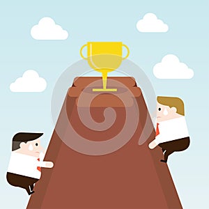 Businessman try to climb to trophy on the top of mountain