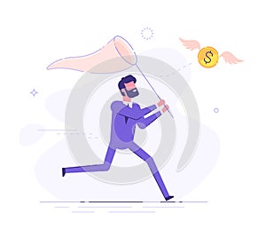 Businessman is trying to catch flying dollar coin with a scoop-net. Modern business character. Vector illustration