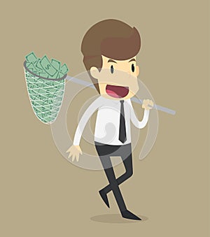 Businessman trying to catch flying money with a butterfly net