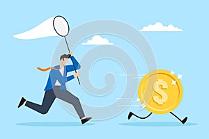 Businessman trying to catch high performance dollar coin in flat design