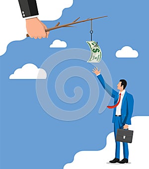 Businessman trying to get dollar on fishing hook.