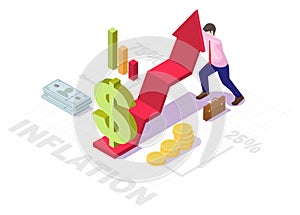 Businessman trying to keep dollar arrow chart from falling, flat vector isometric illustration. Economic inflation.