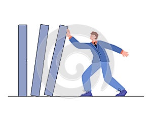 Businessman trying to prevent domino effect and chain reaction, flat vector illustration isolated on white background.