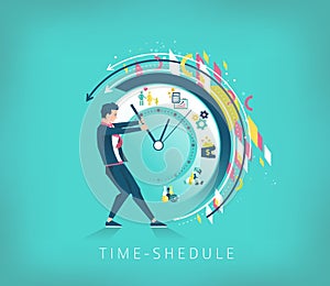 Businessman trying to stop the time. Searching best time-shedul