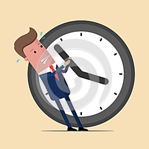 Businessman trying to stop the time. Vector flat illustration