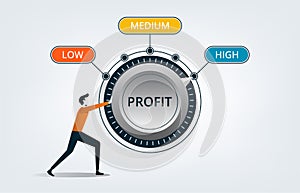 Businessman turning profit dial to a high illustration. Profit increase, market growth and success in business concept