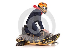 Businessman in a turtle with helmet isolated in white