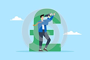 Businessman in UK currency looking to the future with binoculars in flat design