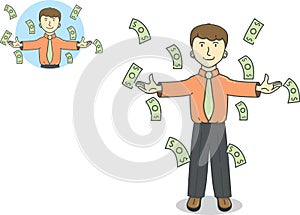 Businessman under falling raining money