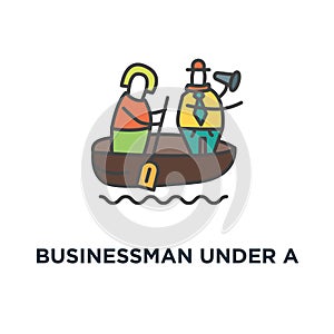 businessman under a lot of documents in the lifebuoy and holding a help placard, a lot of paper work icon. overworked concept