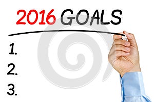 Businessman underlining 2016 goals text with black felt-tip or m