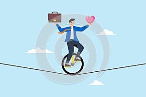 Businessman with unicycle balancing heart and briefcase