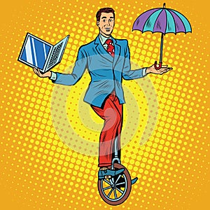 Businessman on unicycle business balance