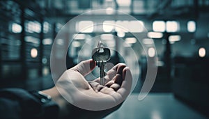 Businessman unlocking car door with key, symbol of success indoors generated by AI