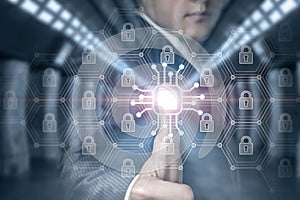 Businessman unlocks security system with fingerprint