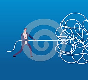 Businessman unraveling tangled rope. Difficult problem, chaos and mess vector business concept