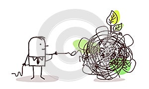 Businessman untangling a knot with green leaf