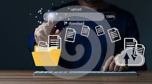 businessman upload documents from computer to backup online cloud and download copy file data from cloud network for makework in
