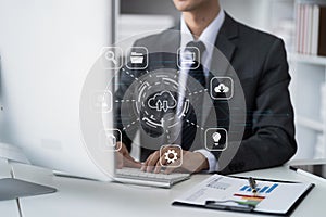 Businessman use the keyboard to access the cloud computing system , Storage and data transfer Cloud network, Cloud technology.