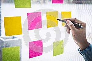 Businessman use post it notes to planning idea and business marketing strategy, Sticky note on glass wall