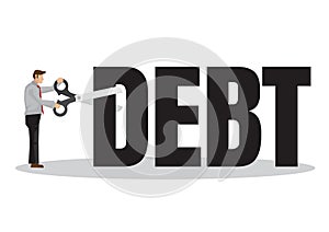 Businessman use scissors to cut away his debt. Concept of debt management or corporate accomplishment