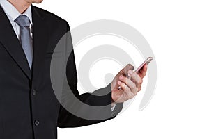 Businessman use smartphone, communication 4G 5G network telephone on white background for free space text as business, technology