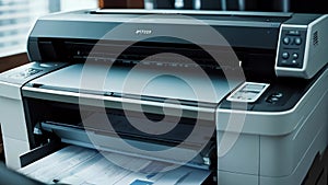 A businessman uses a multifunction laser printer in the office for document