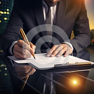 Businessman uses a pen to mark important things for signing a document and approving a business concept for a project