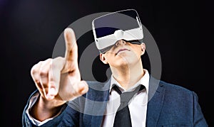 Businessman uses Virtual Reality VR head mounted display
