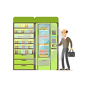 Businessman using automatic vending machine with fast food vector Illustration