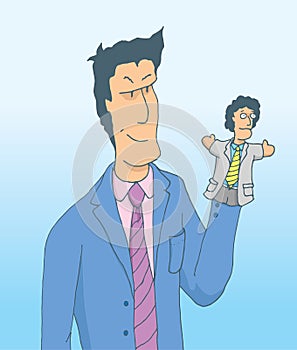 Businessman using a business puppet or manipulating a colleague