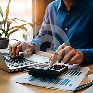 Businessman using calculator, laptop for accounting and budgeting