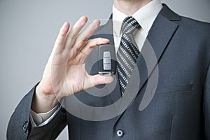 Businessman using car key