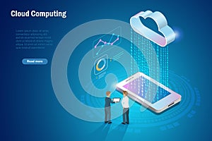 Businessman using cloud computing transfer business data information to smartphone.  Online digital cloud storage with smart data