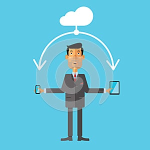 Businessman using cloud storage for smartphone and tablet. Vector illustration