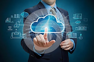 Businessman using cloud technology, illustrating digital data storage and network connection