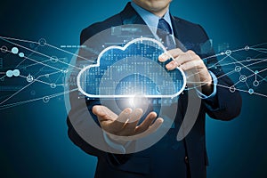 Businessman using cloud technology, illustrating digital data storage and network connection