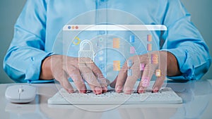 Businessman using computer secure encryption technology, cybersecurity privacy of data protection, security Internet access,