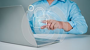 Businessman using computer secure encryption technology, cybersecurity privacy of data protection, security Internet access,