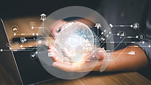 Businessman using computer and technology AI for working tools. Chat bot Chat with AI, using technology smart robot AI,