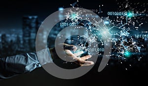 Businessman using digital binary code connection network 3D rend