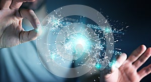 Businessman using digital binary code connection network 3D rend