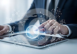 Businessman using a digital tablet with futuristic interface and data visualization