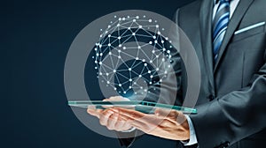 Businessman using digital tablet with global network connection for data analytics and business intelligence