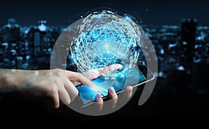 Businessman using digital triangle exploding sphere hologram 3D