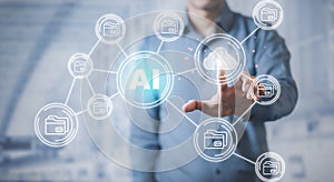 Businessman using finger to touch fingerprint interface scan password Artificial Intelligence AI technology icons, machine learn