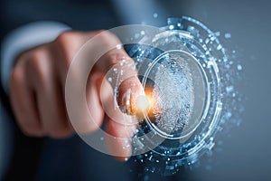 Businessman using futuristic biometric fingerprint scanning authentication technology for secure access and identity verification