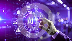 Businessman using a futuristic digital interface with AI icon. Concept of artificial intelligence, machine learning, big data