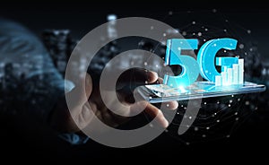 Businessman using 5G network with mobile phone 3D rendering