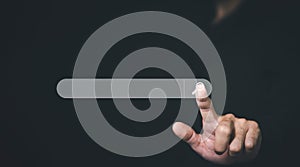 Businessman using hand click searching browsing internet page on computer touch screen, Searching Browsing Internet Data